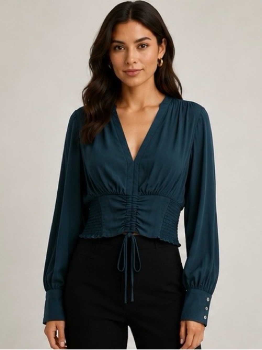 Anthropologie Dark Green Long-Sleeve Ruched Tie-Front Blouse